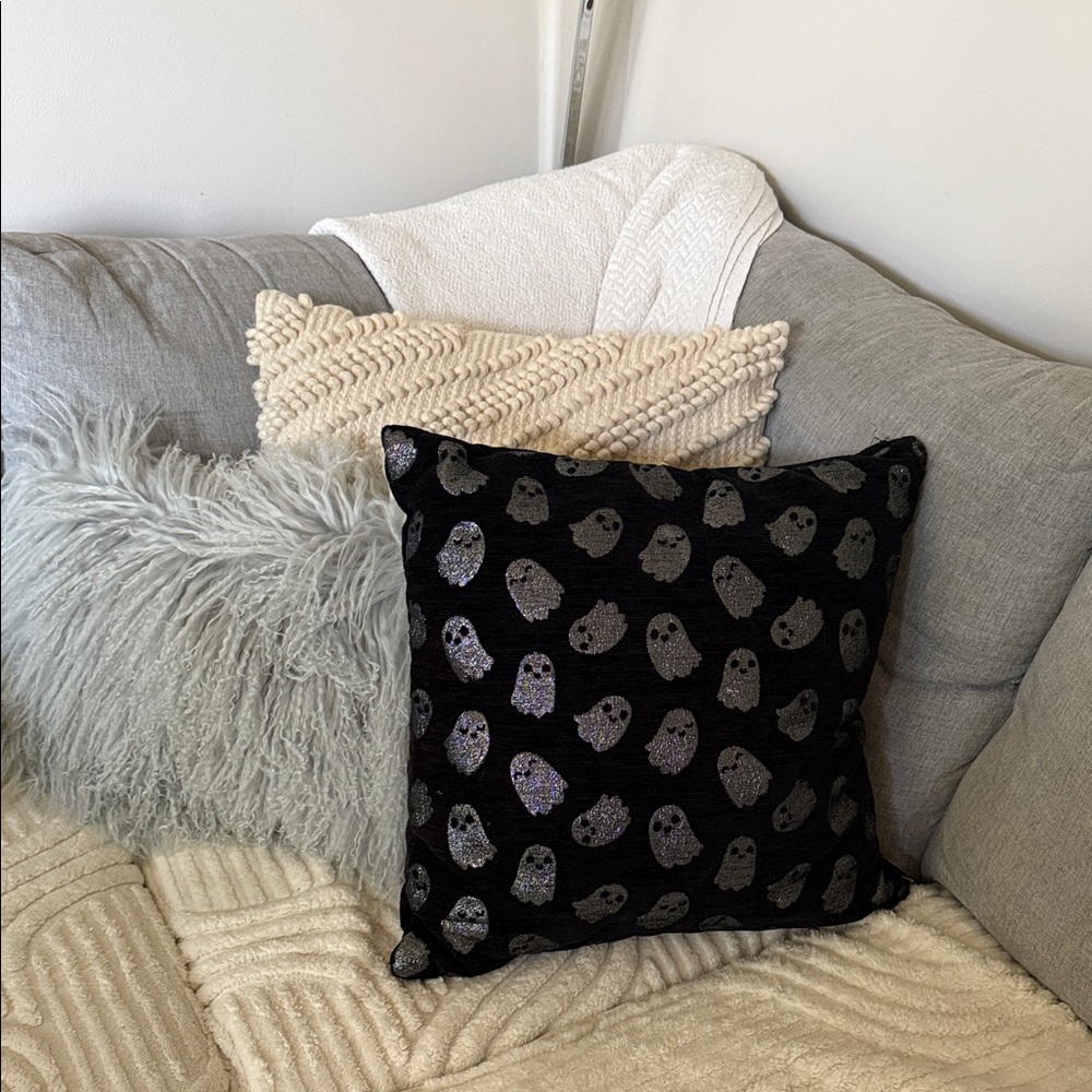 Imagaschoni Black Halloween  Pillow with silver  Ghost Pattern NWOT